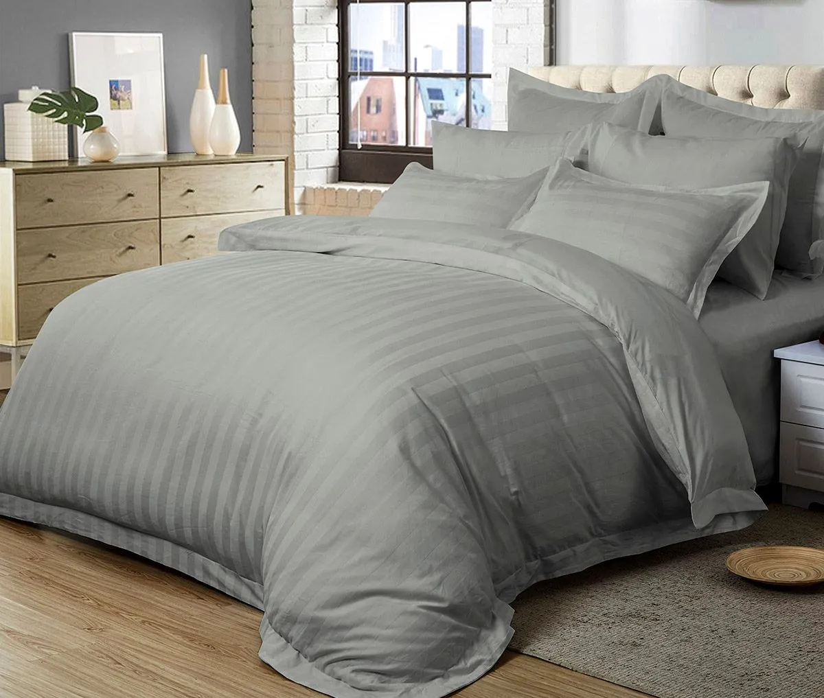 1000TC | Ultra Soft | Striped | King Size | Grey | Duvet Quilt Cover Set