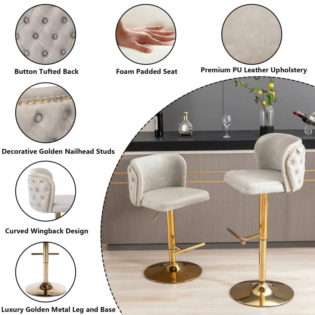 2x Faux Leather Golden Base Swivel Bar Stools | Beige