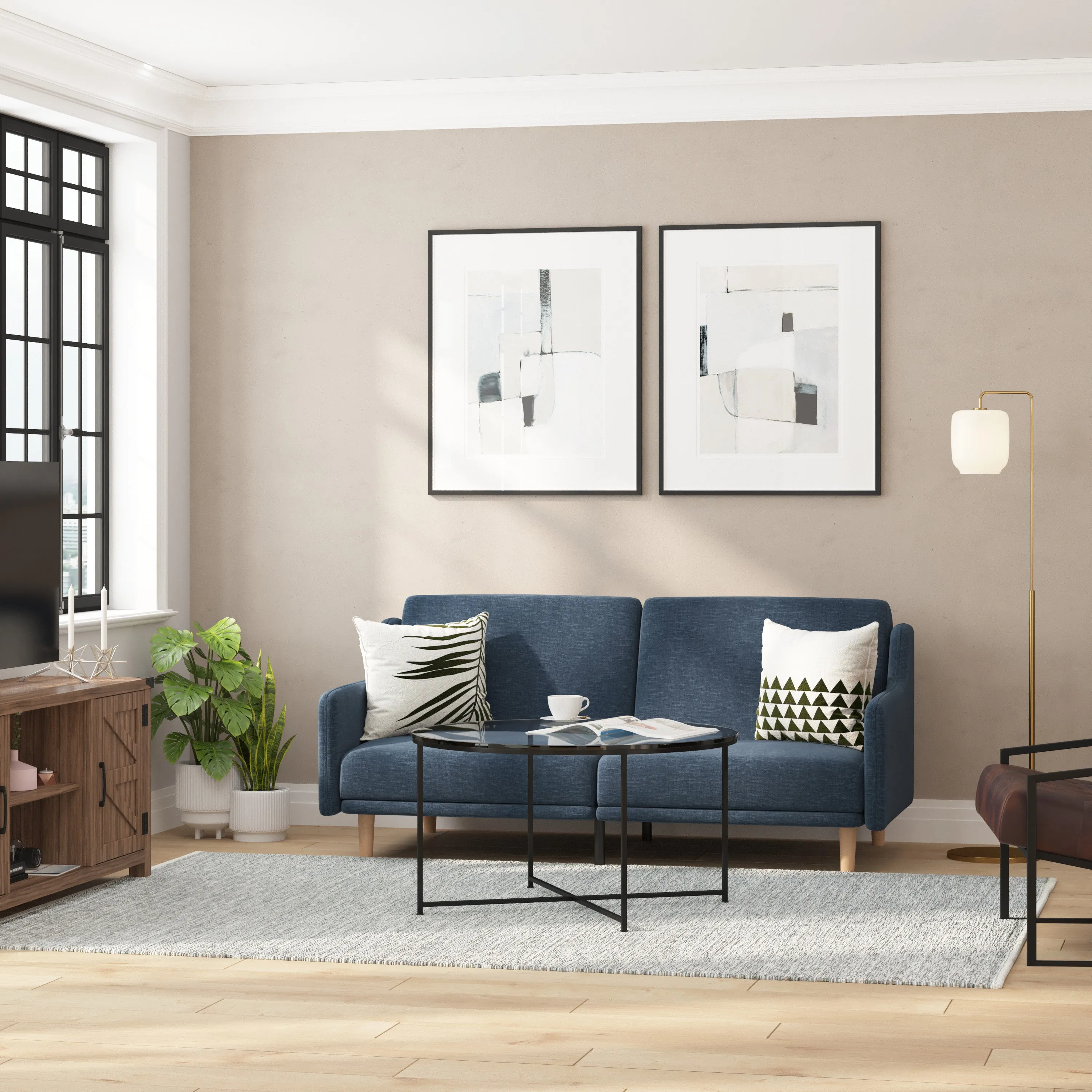 Devora Premium Upholstered Convertible Split Back Sofa Futon with Curved Armrests and Solid Wood Legs