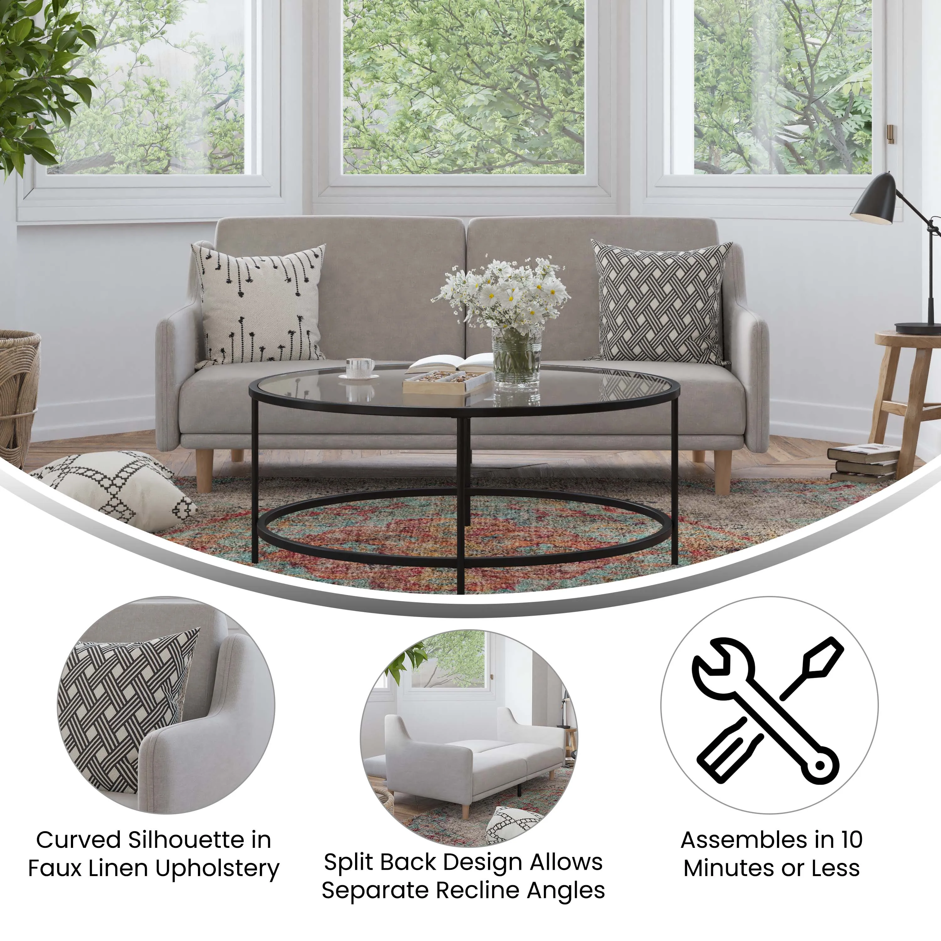 Devora Premium Upholstered Convertible Split Back Sofa Futon with Curved Armrests and Solid Wood Legs