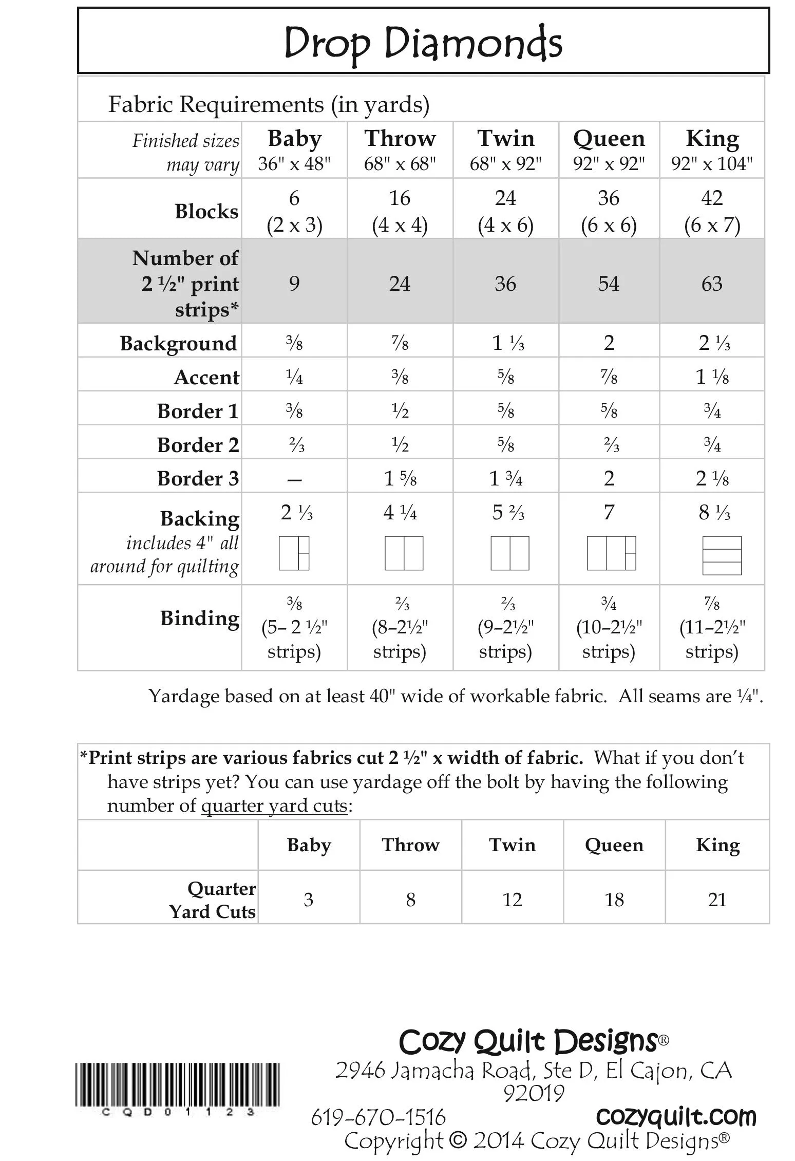 DROP DIAMONDS - Cozy Quilt Designs Pattern