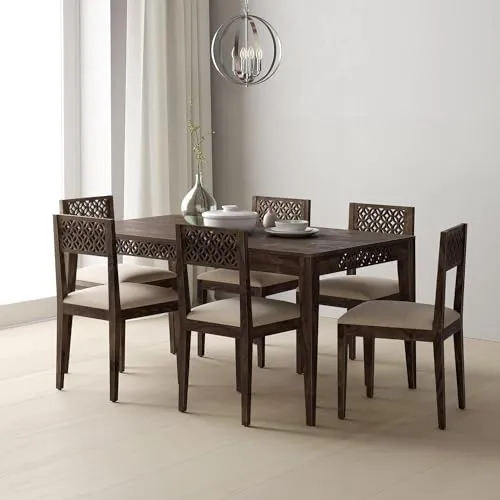 Indoplaza Sheesham Wood CNC 6 Seater Dining Table with 6 Cushion Chairs | Wooden Dining Room Set Dinner Table Furniture for Living Room Home Hotels - Walnut Finish