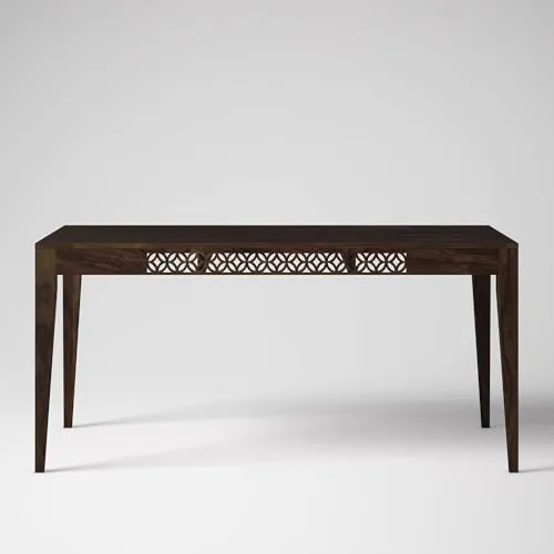 Indoplaza Sheesham Wood CNC 6 Seater Dining Table with 6 Cushion Chairs | Wooden Dining Room Set Dinner Table Furniture for Living Room Home Hotels - Walnut Finish