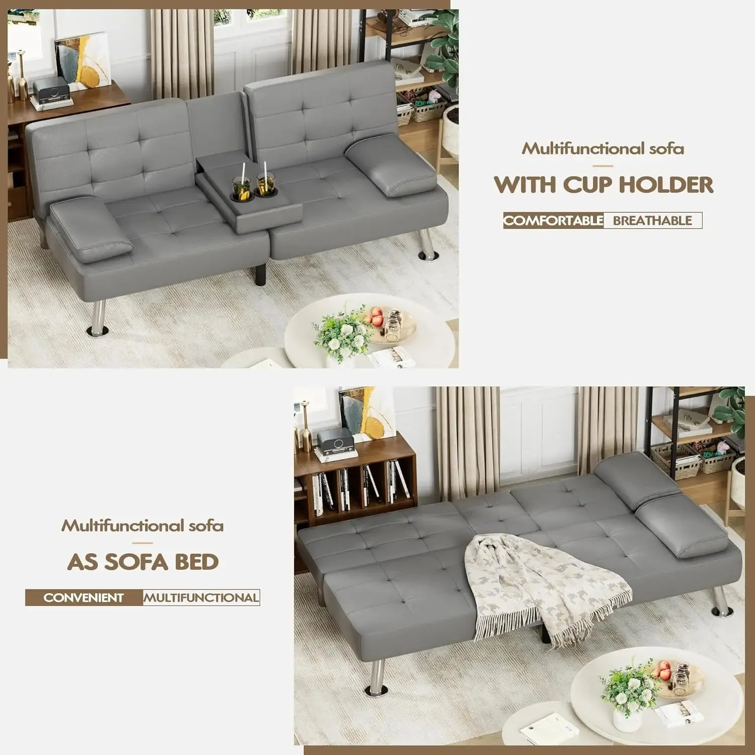Leather Sofa Bed Futon with Removable Armrests
