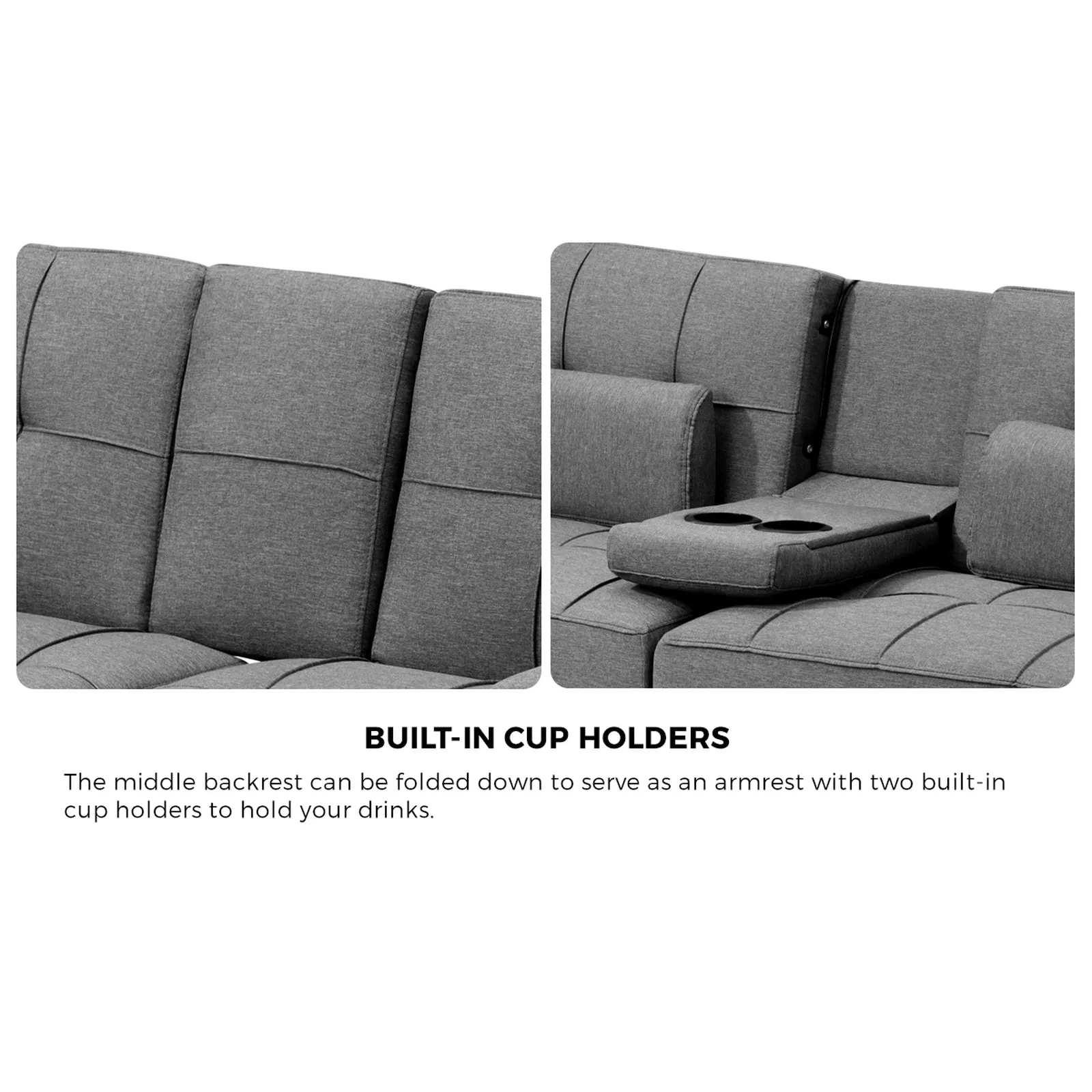 Oikiture Sofa Bed Lounge 3 Seater Futon Couch Beds Recliner Cup Holder Fabric