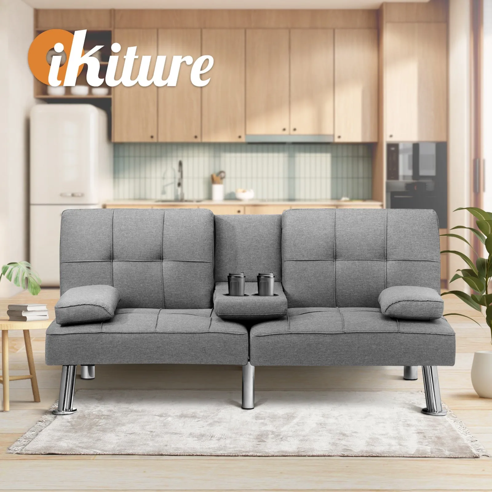 Oikiture Sofa Bed Lounge 3 Seater Futon Couch Beds Recliner Cup Holder Fabric