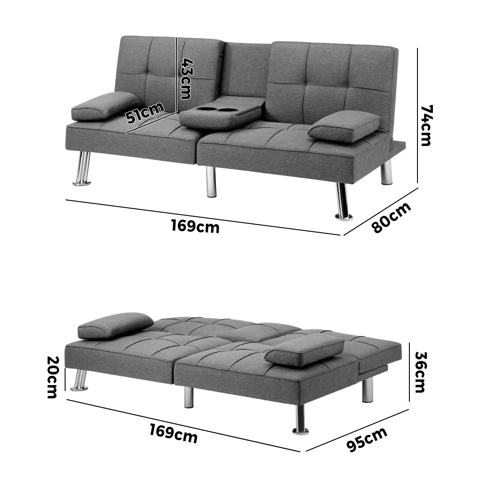 Oikiture Sofa Bed Lounge 3 Seater Futon Couch Beds Recliner Cup Holder Fabric
