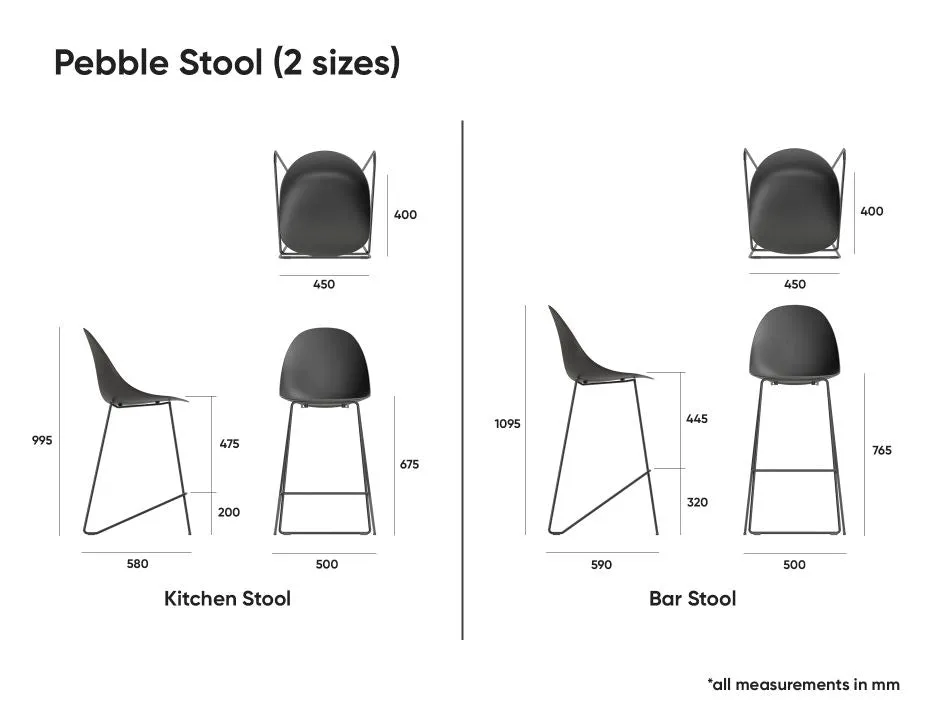 Pebble Navy Stool Shell Seat - Counter Stool 66cm Seat Height - Black Frame