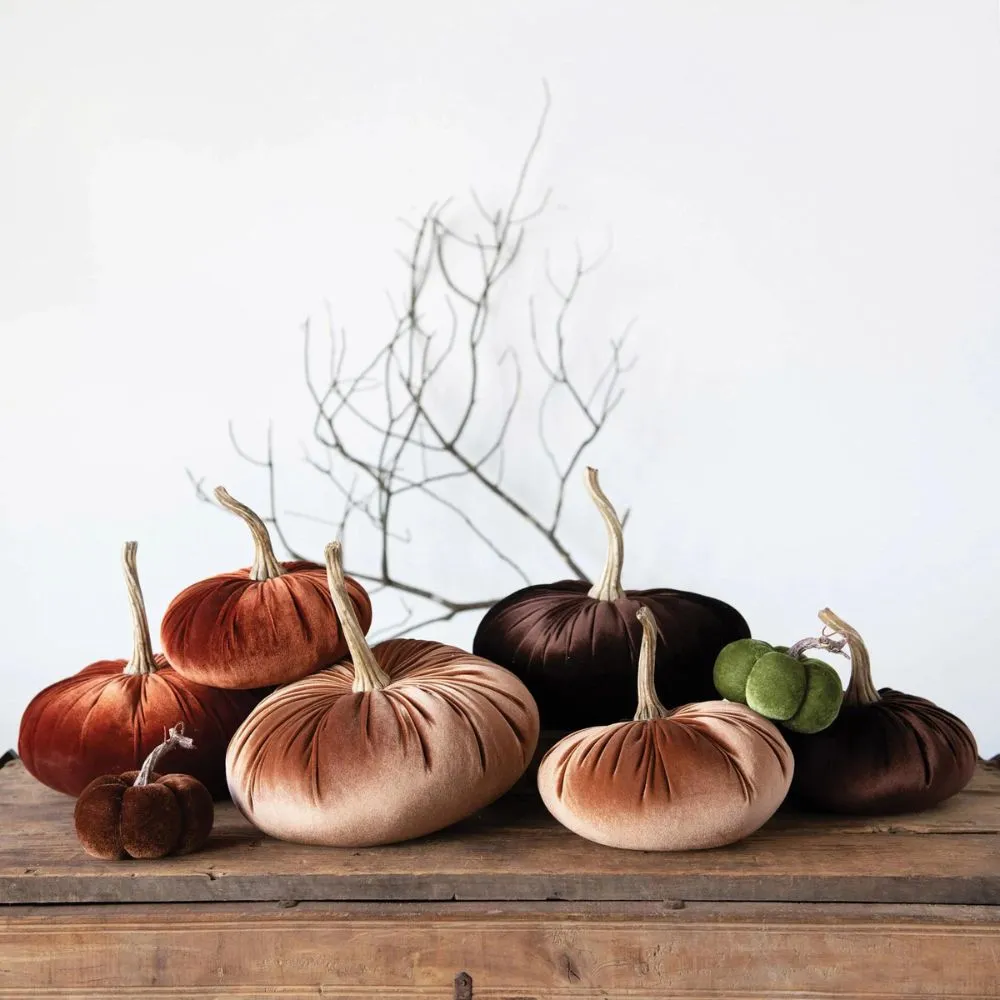 Round Velvet Pumpkin with Resin Stem 9"