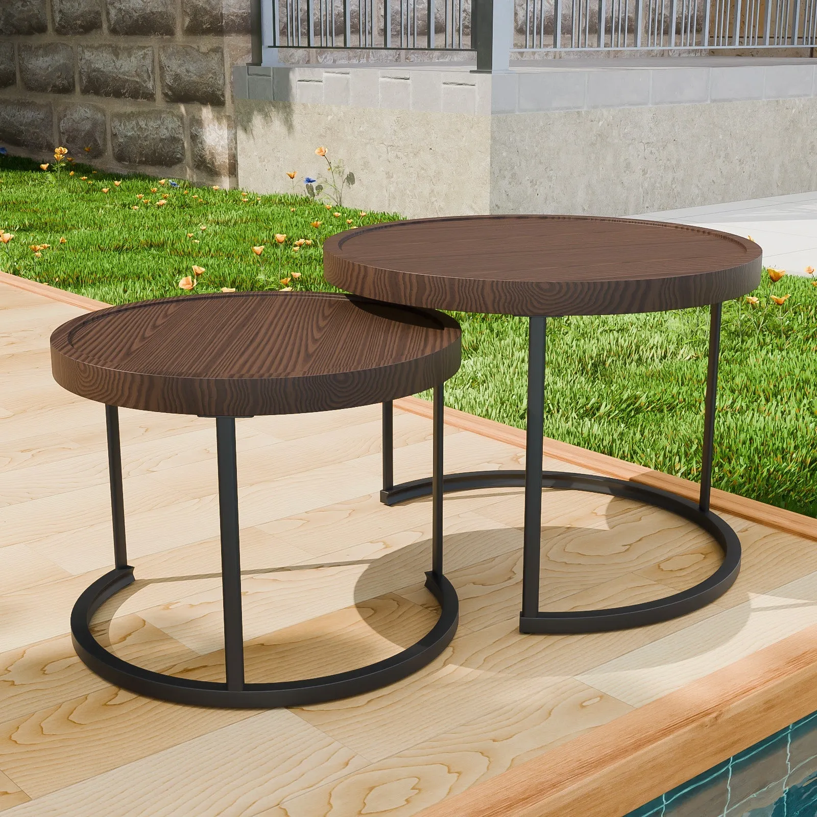 Sunset Dune Outdoor Round Modern Nesting Coffee Tables, Set of 2, Brown