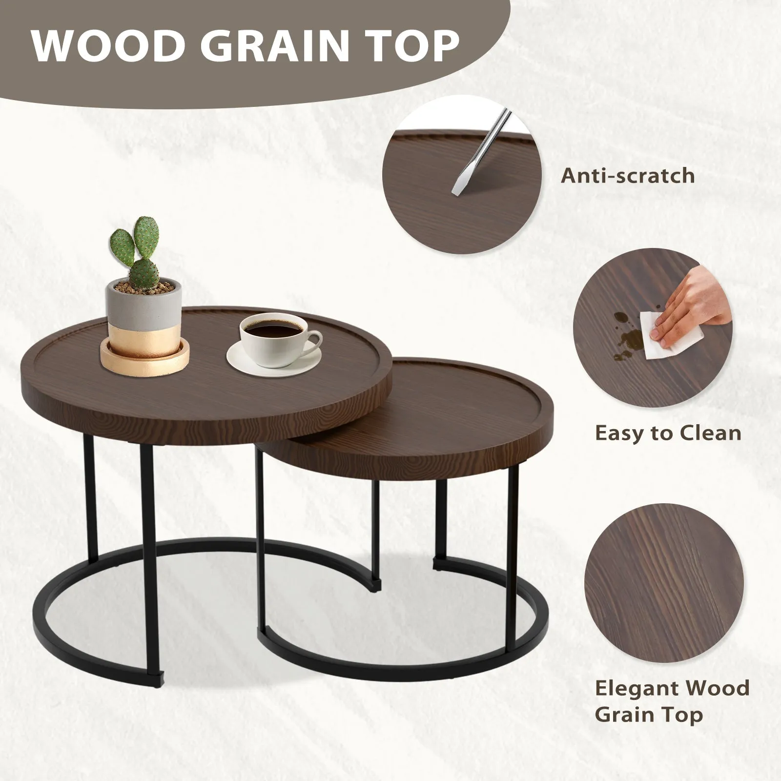 Sunset Dune Outdoor Round Modern Nesting Coffee Tables, Set of 2, Brown