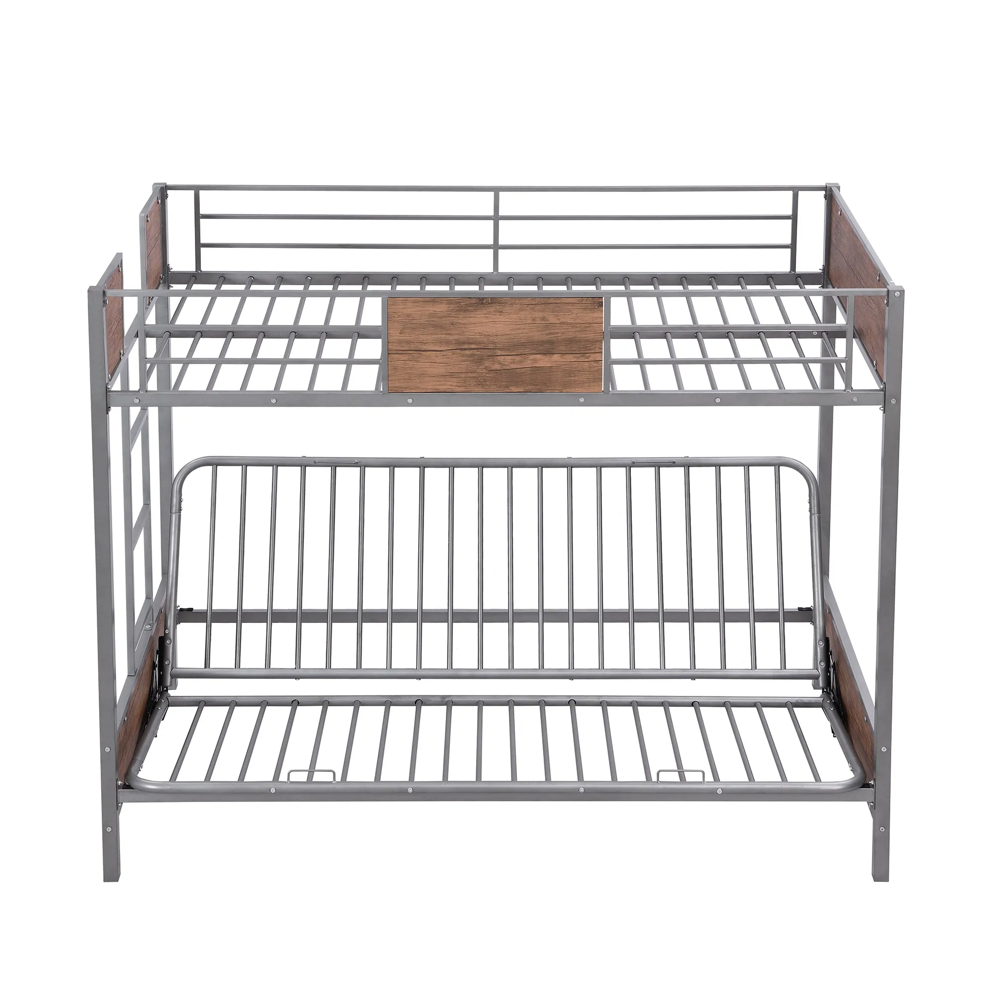 Twin-Over-Futon Bunk Bed, Metal Futon Bunk Bed Frame with Guardrails and Ladder(Gray)(OLD SKU:LP000096AAE)