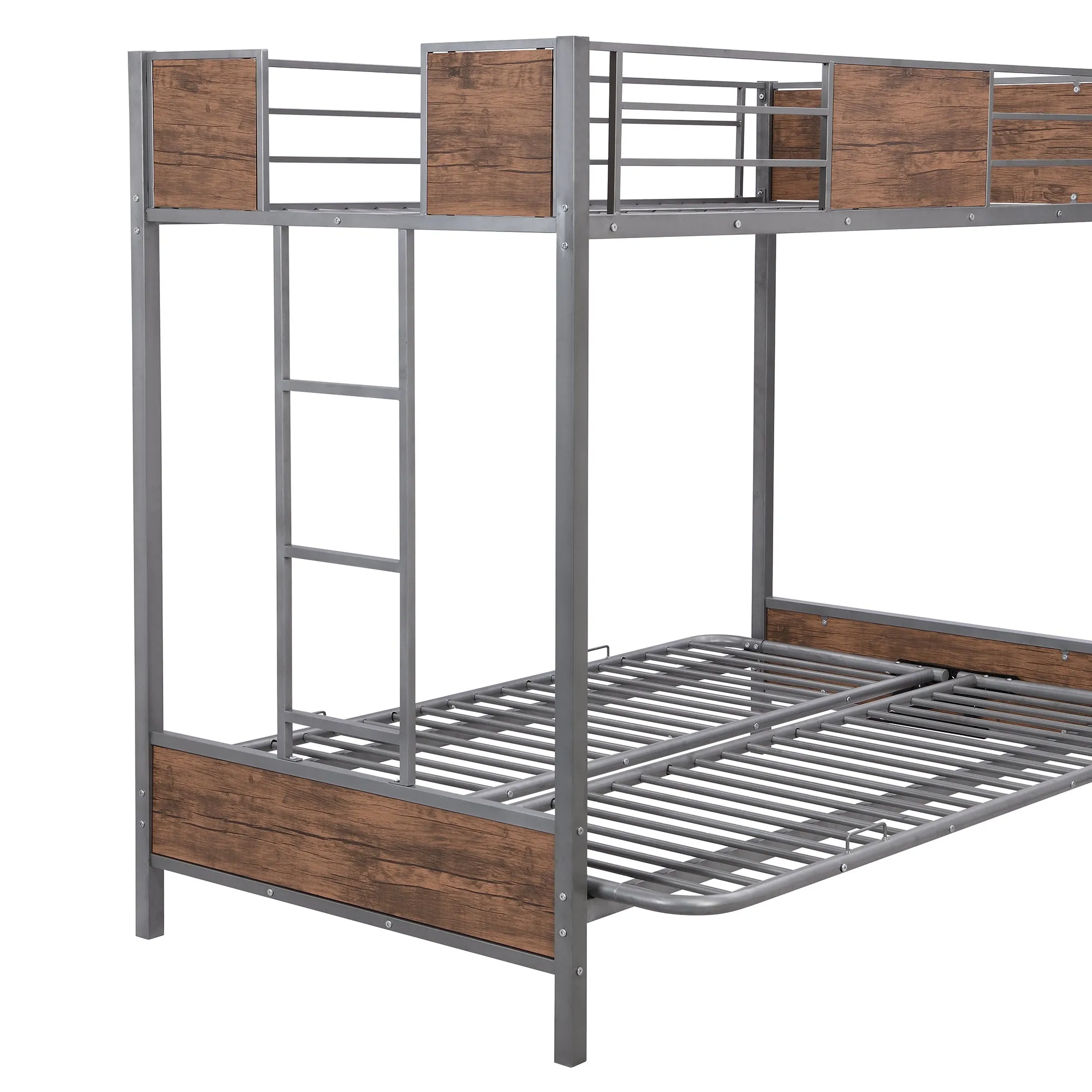 Twin-Over-Futon Bunk Bed, Metal Futon Bunk Bed Frame with Guardrails and Ladder(Gray)(OLD SKU:LP000096AAE)