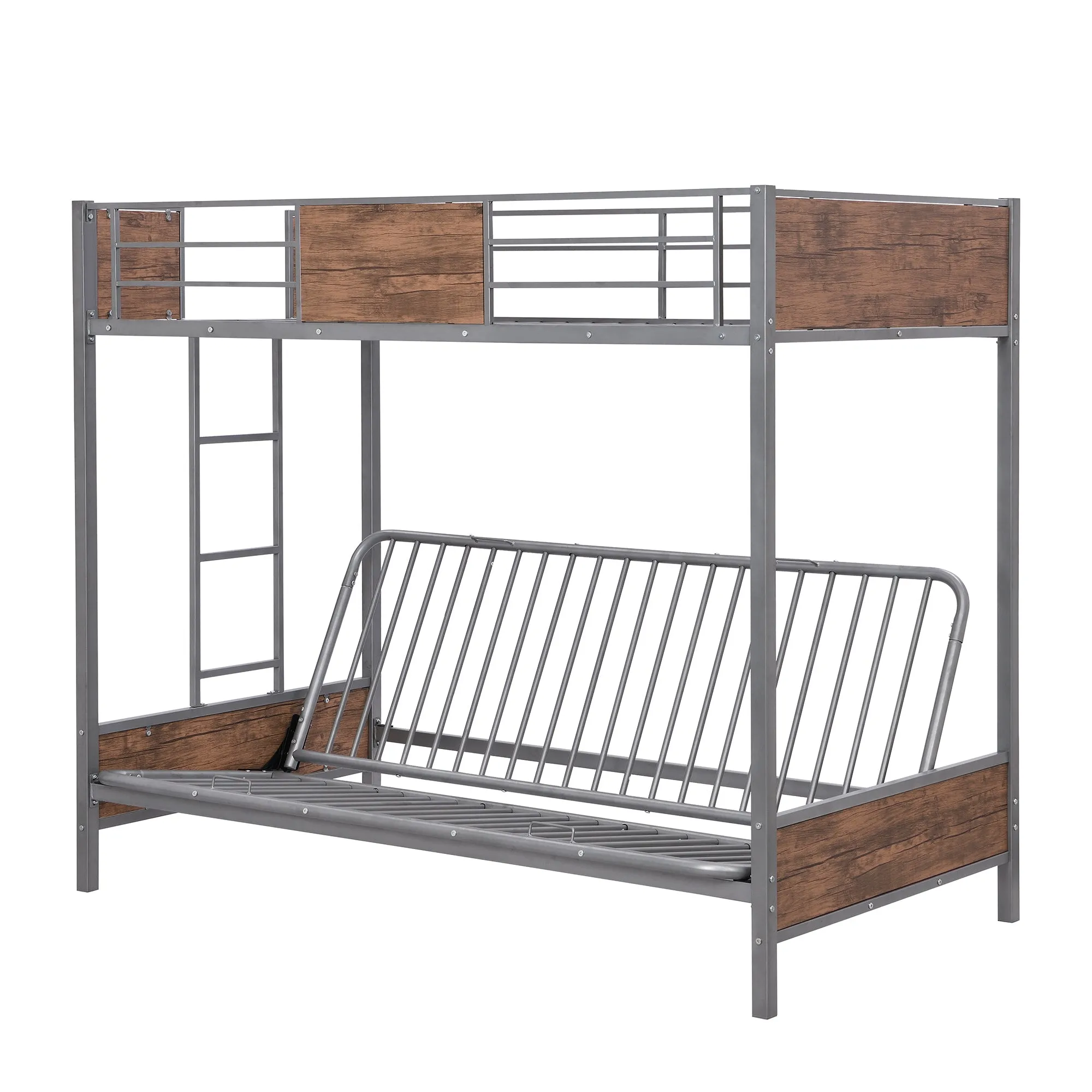 Twin-Over-Futon Bunk Bed, Metal Futon Bunk Bed Frame with Guardrails and Ladder(Gray)(OLD SKU:LP000096AAE)