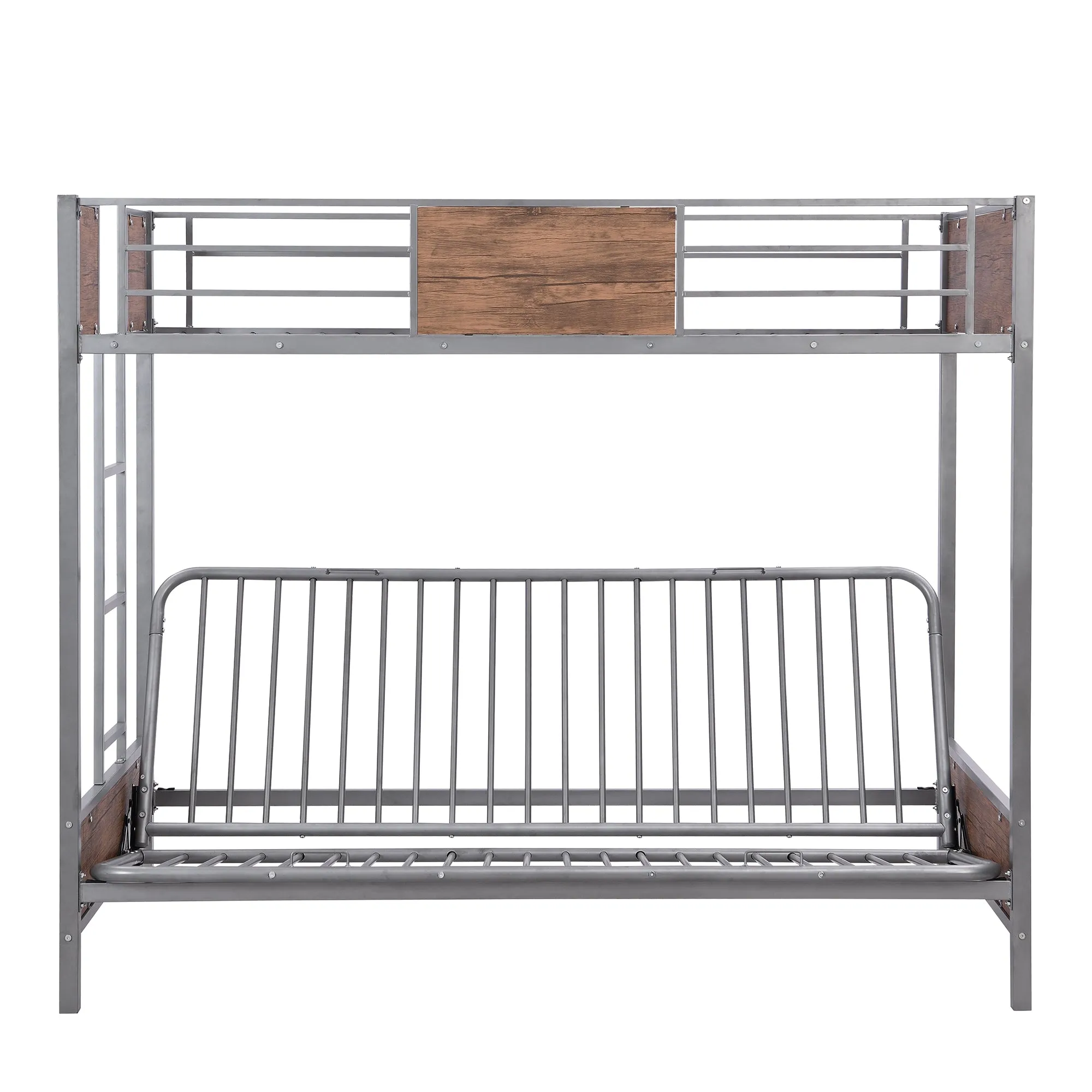 Twin-Over-Futon Bunk Bed, Metal Futon Bunk Bed Frame with Guardrails and Ladder(Gray)(OLD SKU:LP000096AAE)