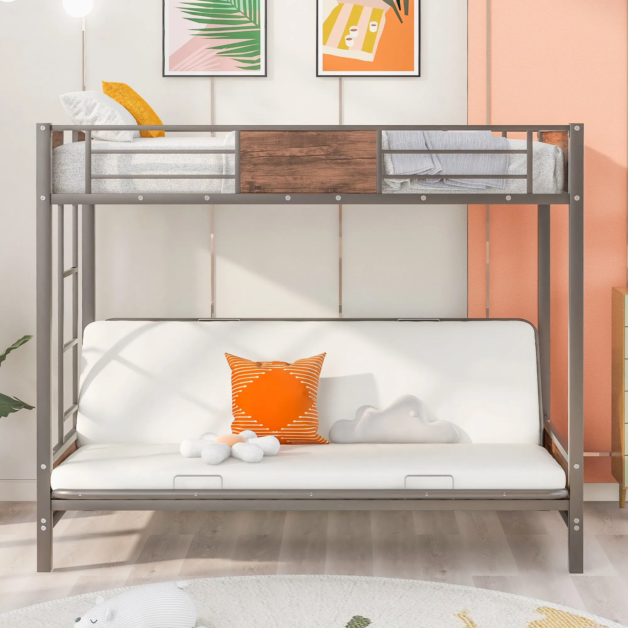 Twin-Over-Futon Bunk Bed, Metal Futon Bunk Bed Frame with Guardrails and Ladder(Gray)(OLD SKU:LP000096AAE)