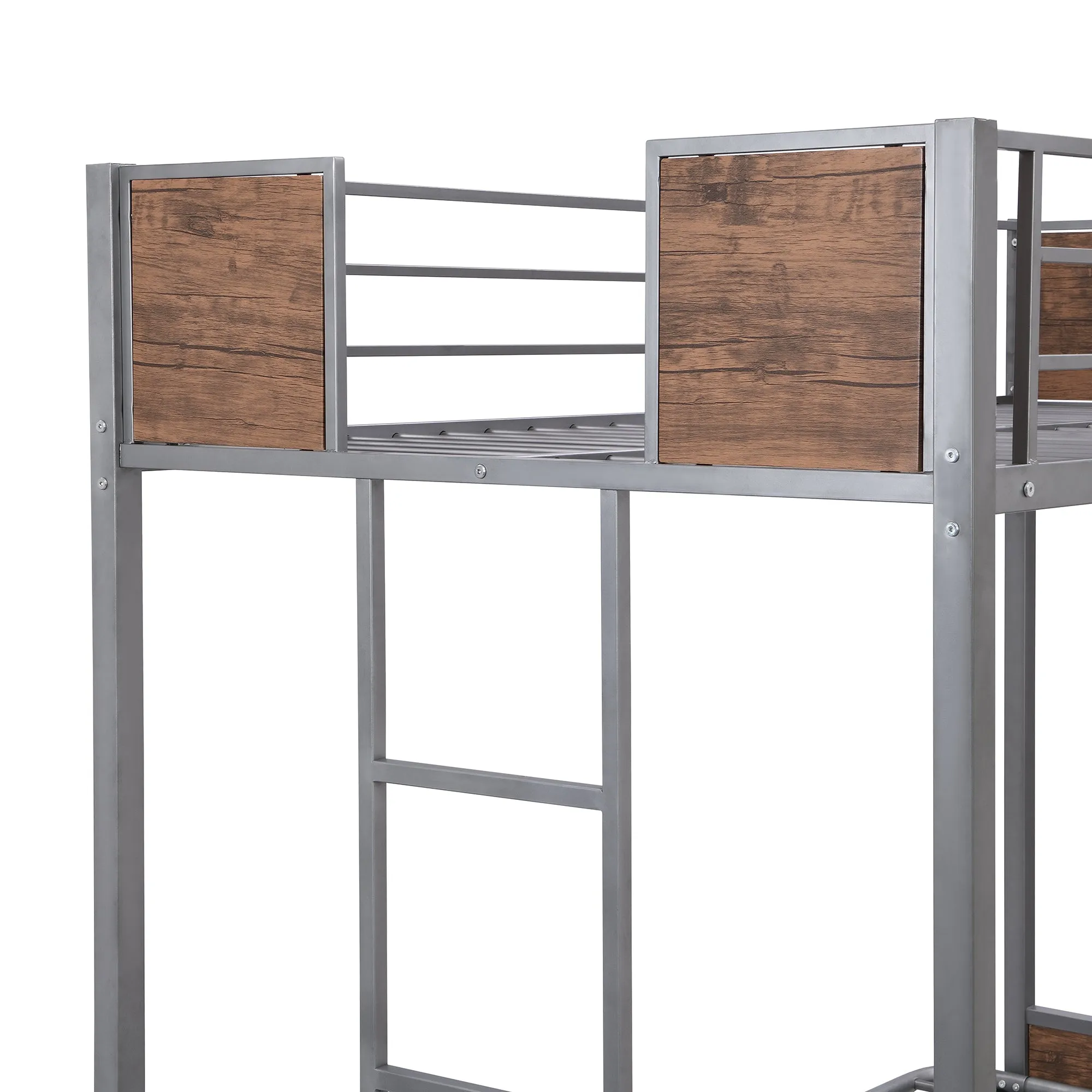 Twin-Over-Futon Bunk Bed, Metal Futon Bunk Bed Frame with Guardrails and Ladder(Gray)(OLD SKU:LP000096AAE)