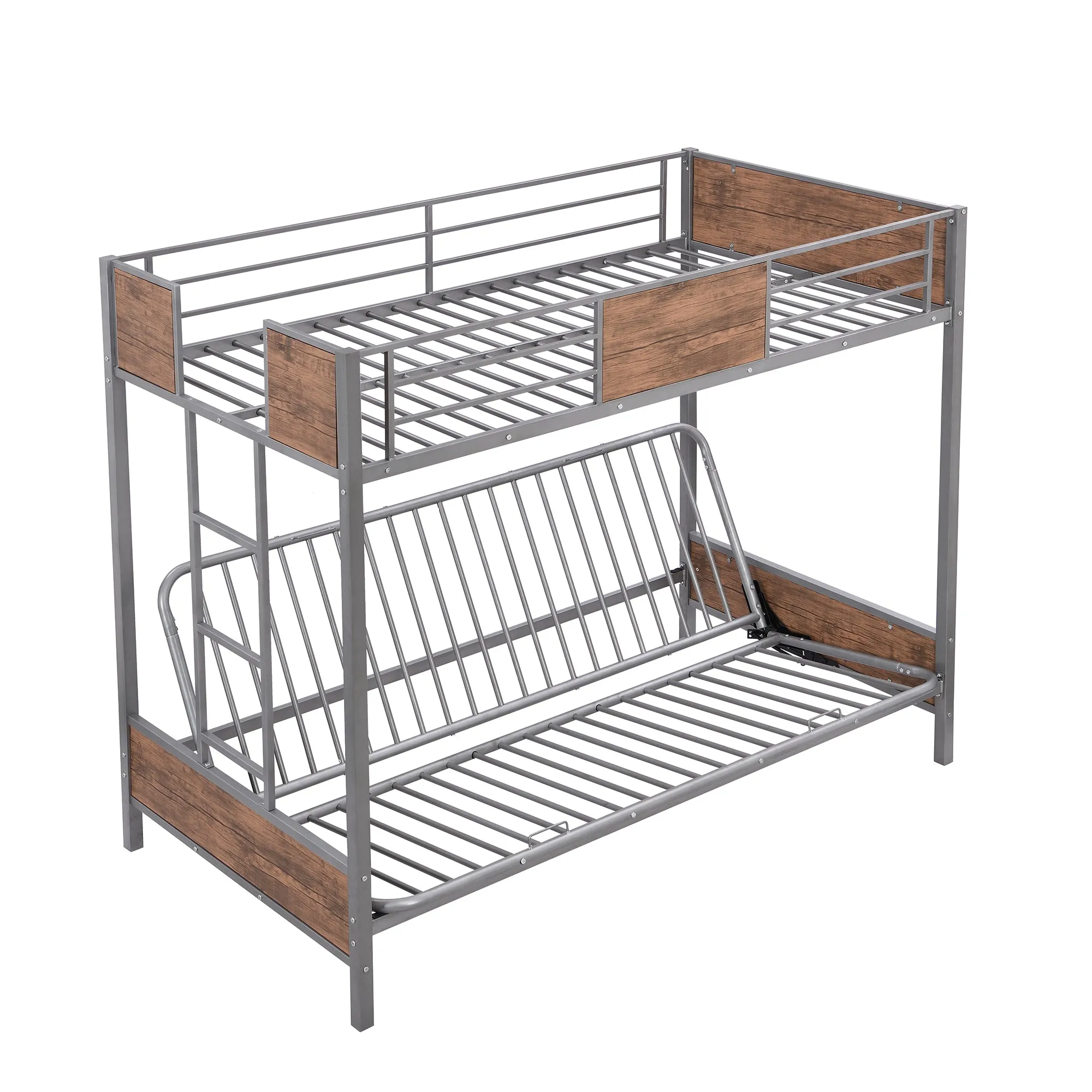 Twin-Over-Futon Bunk Bed, Metal Futon Bunk Bed Frame with Guardrails and Ladder(Gray)(OLD SKU:LP000096AAE)