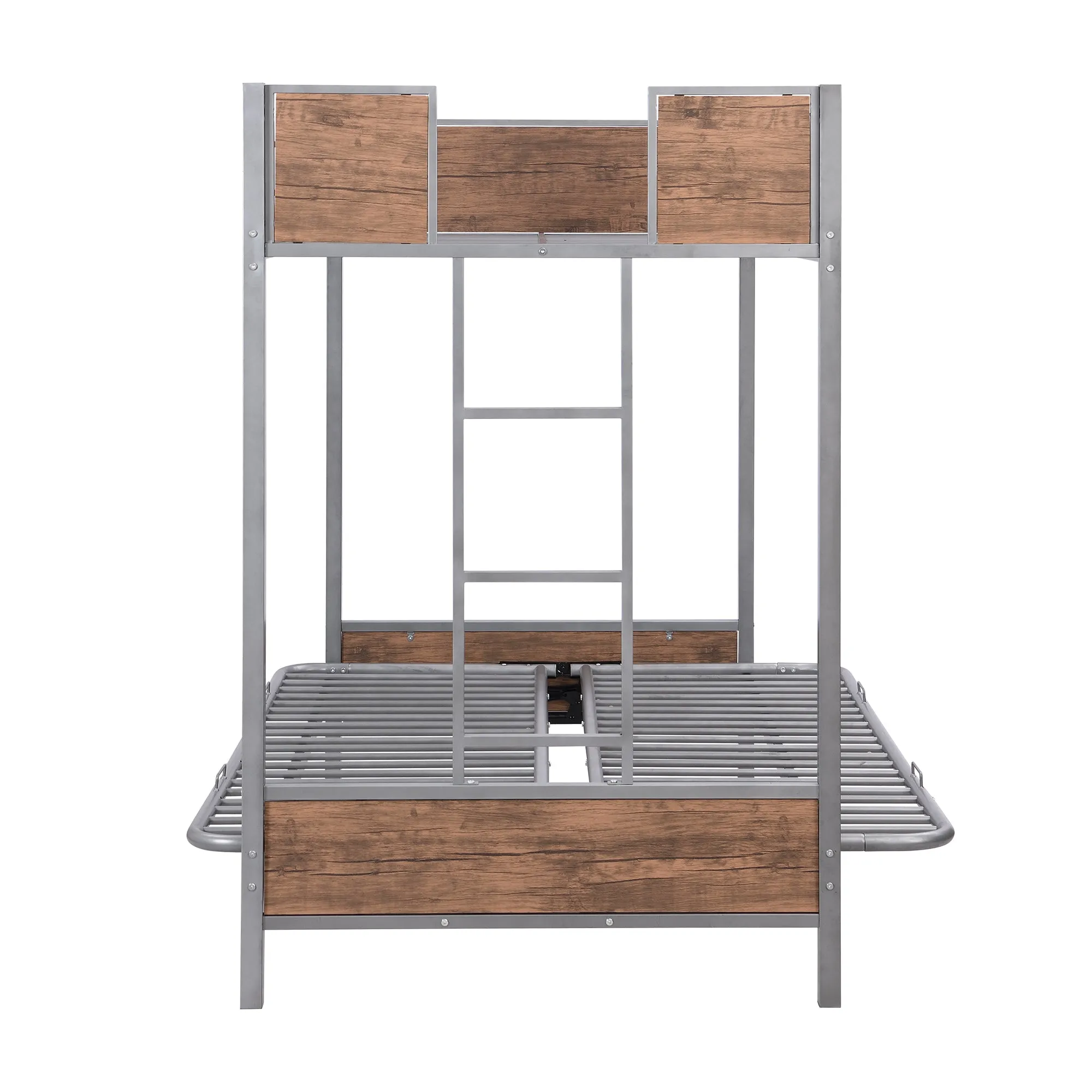 Twin-Over-Futon Bunk Bed, Metal Futon Bunk Bed Frame with Guardrails and Ladder(Gray)(OLD SKU:LP000096AAE)
