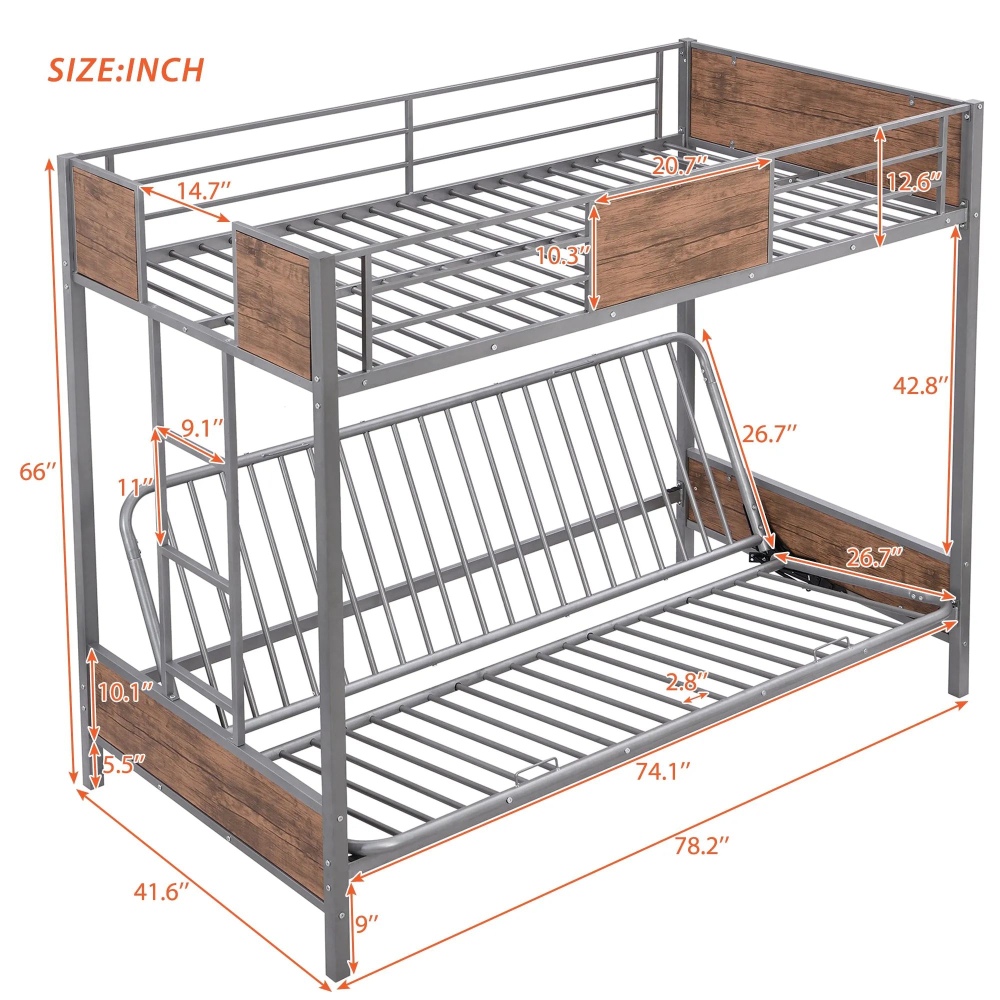 Twin-Over-Futon Bunk Bed, Metal Futon Bunk Bed Frame with Guardrails and Ladder(Gray)(OLD SKU:LP000096AAE)
