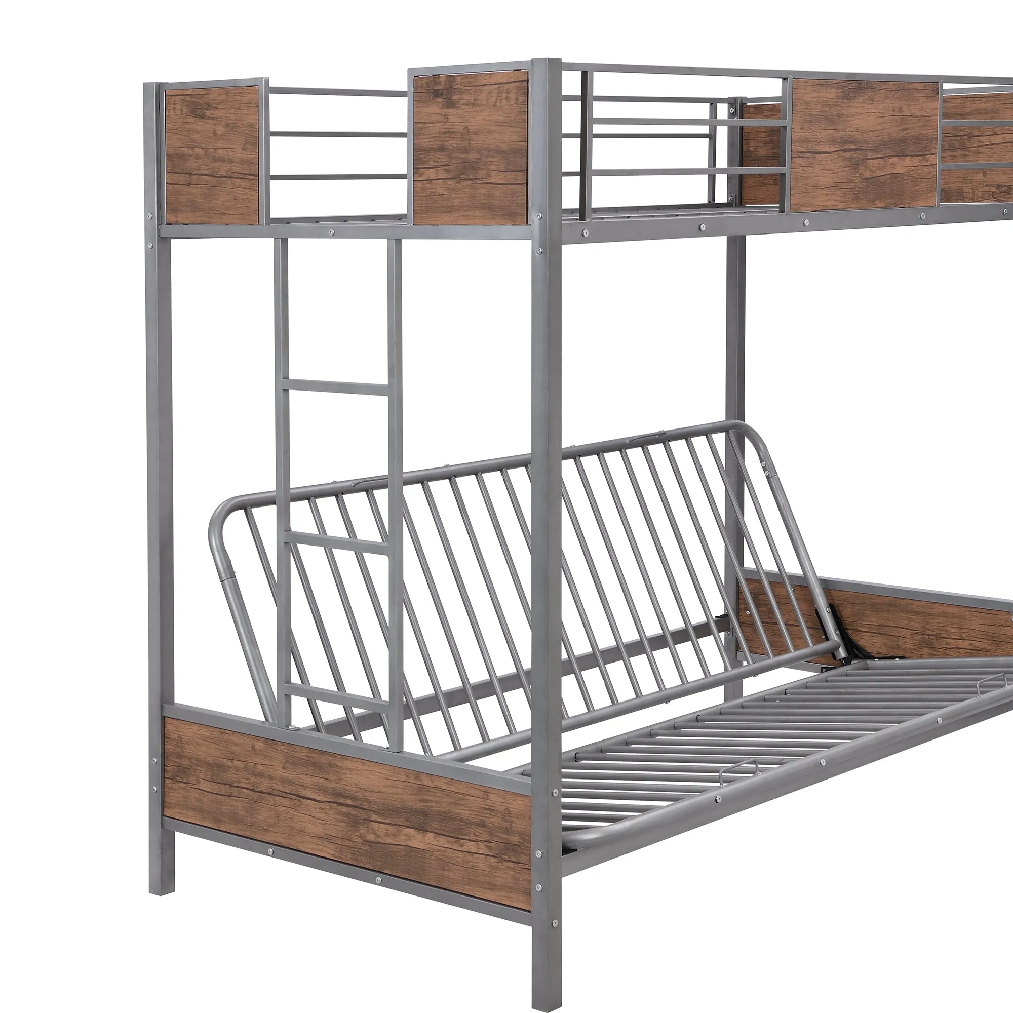 Twin-Over-Futon Bunk Bed, Metal Futon Bunk Bed Frame with Guardrails and Ladder(Gray)(OLD SKU:LP000096AAE)