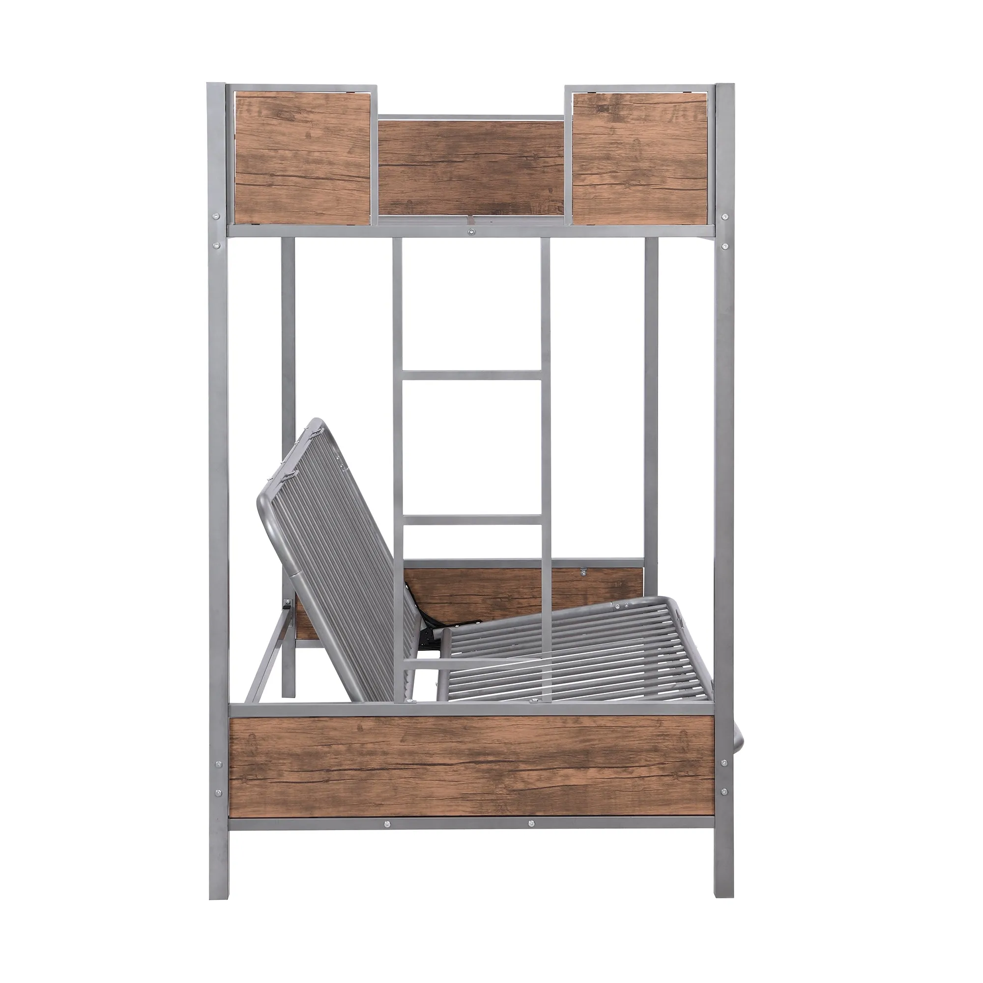 Twin-Over-Futon Bunk Bed, Metal Futon Bunk Bed Frame with Guardrails and Ladder(Gray)(OLD SKU:LP000096AAE)