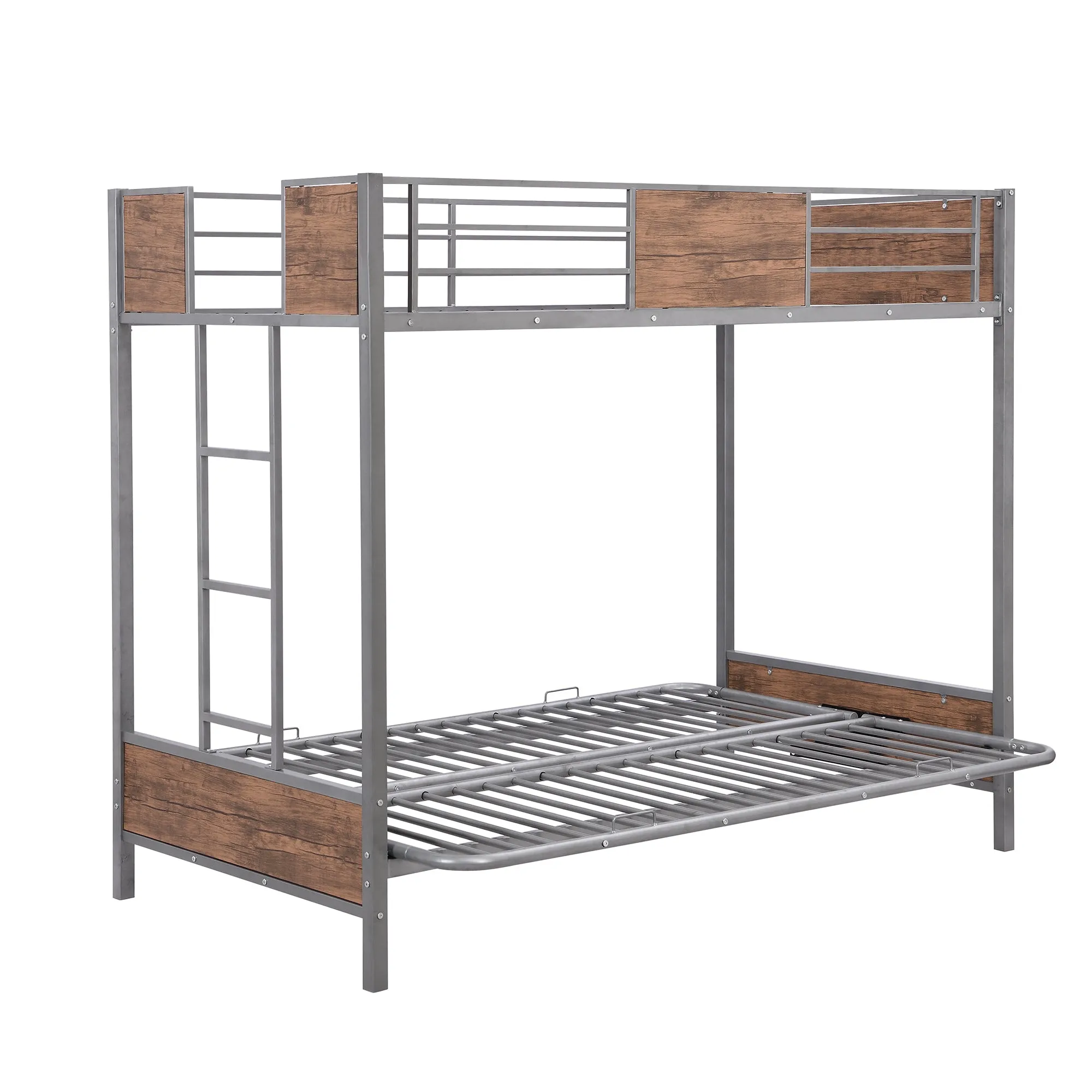 Twin-Over-Futon Bunk Bed, Metal Futon Bunk Bed Frame with Guardrails and Ladder(Gray)(OLD SKU:LP000096AAE)