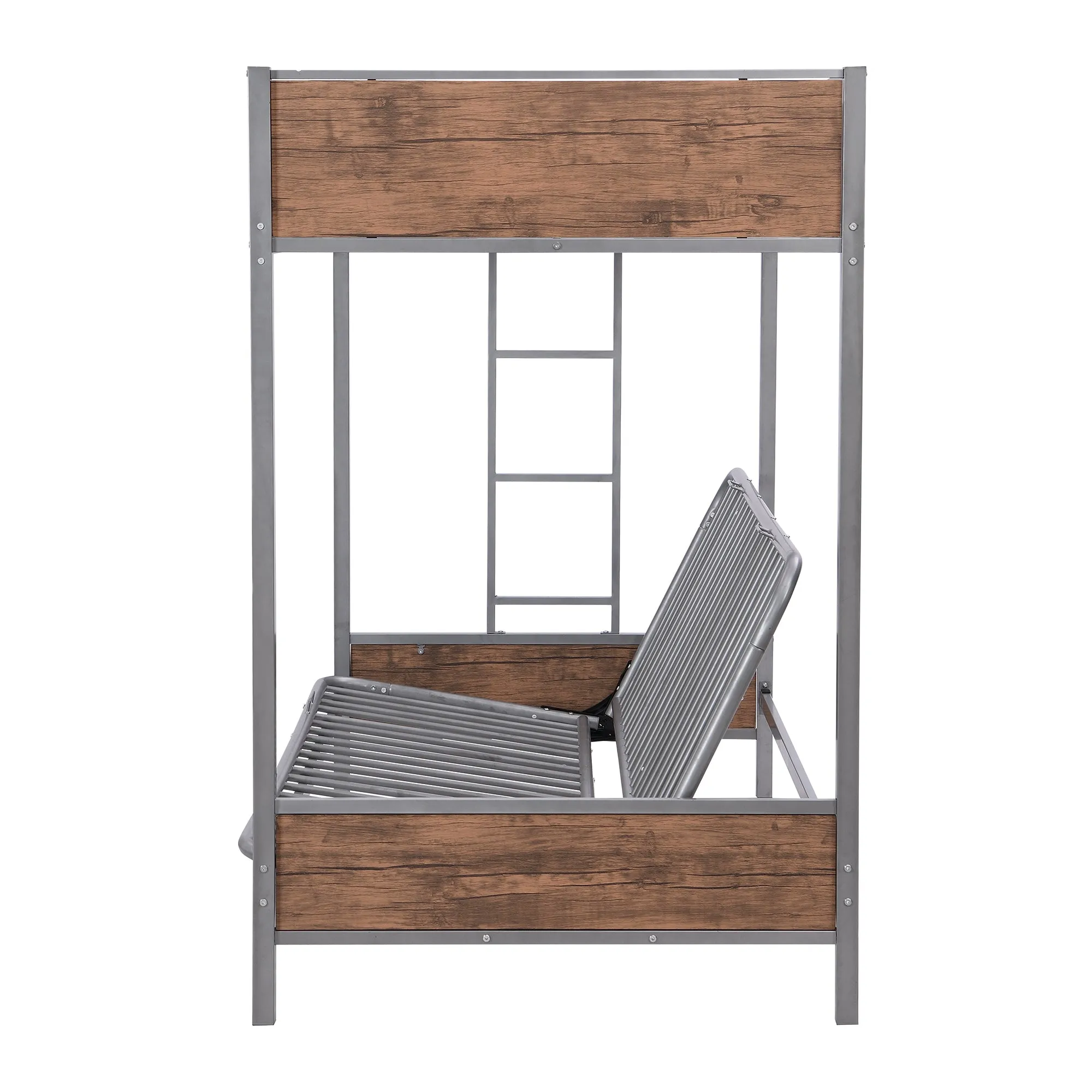 Twin-Over-Futon Bunk Bed, Metal Futon Bunk Bed Frame with Guardrails and Ladder(Gray)(OLD SKU:LP000096AAE)