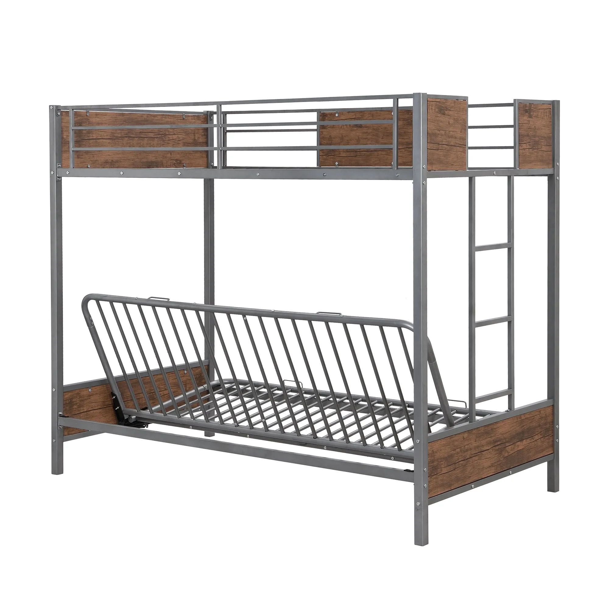 Twin-Over-Futon Bunk Bed, Metal Futon Bunk Bed Frame with Guardrails and Ladder(Gray)(OLD SKU:LP000096AAE)