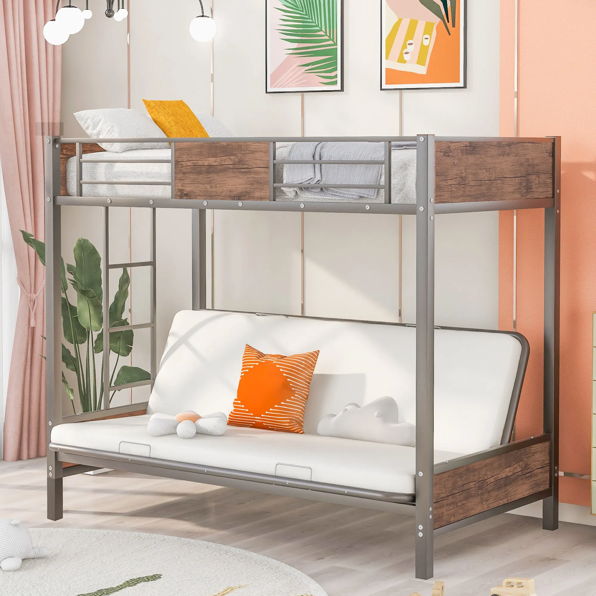 Twin-Over-Futon Bunk Bed, Metal Futon Bunk Bed Frame with Guardrails and Ladder(Gray)(OLD SKU:LP000096AAE)