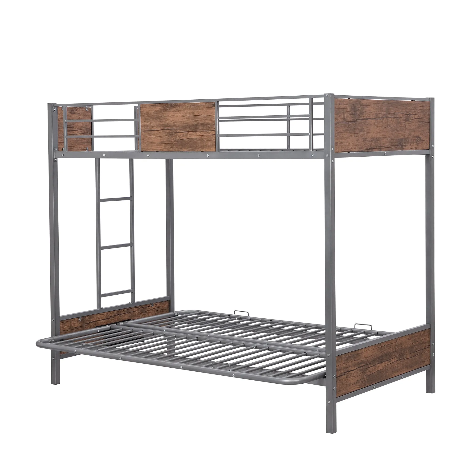 Twin-Over-Futon Bunk Bed, Metal Futon Bunk Bed Frame with Guardrails and Ladder(Gray)(OLD SKU:LP000096AAE)