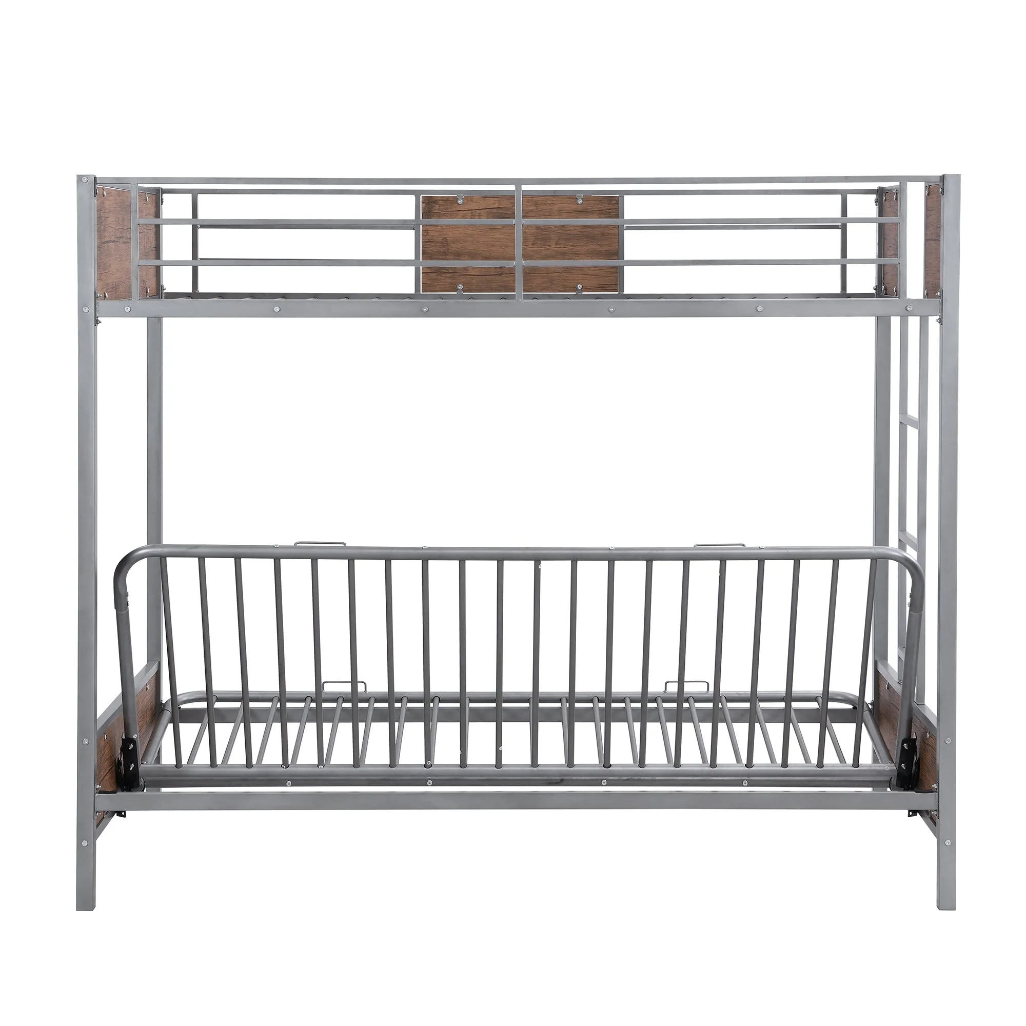 Twin-Over-Futon Bunk Bed, Metal Futon Bunk Bed Frame with Guardrails and Ladder(Gray)(OLD SKU:LP000096AAE)