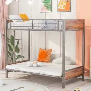 Twin-Over-Futon Bunk Bed, Metal Futon Bunk Bed Frame with Guardrails and Ladder(Gray)(OLD SKU:LP000096AAE)